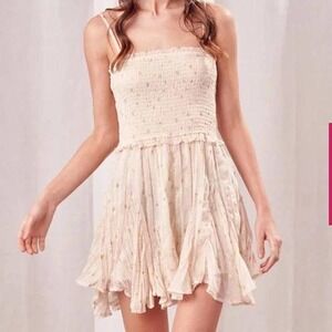 Storia Star‎ Print Romper Womens Small Sleeveless Beige Smocked Party